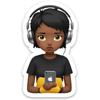 generate a pretty bratz girl with short black very messy hair, looking tired and using her phone, wearing an oversized black tshirt sticker