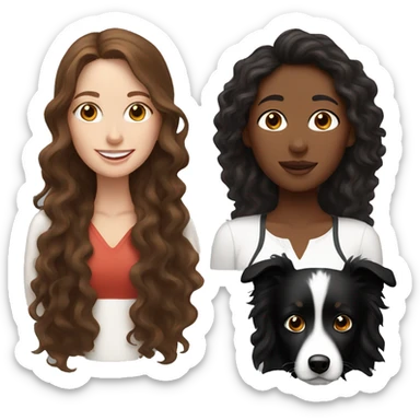 white woman with long brown curly hair holding a black border collie sticker