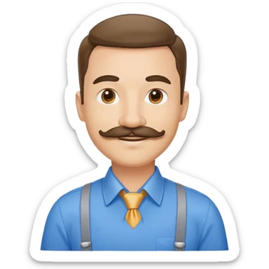 Business owner, well dressed, blue shirt, mustache, happy sticker