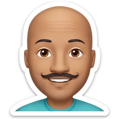 Oxumarê as a very happy smiling 37-year-old bald Black man with smooth oval head, indigenous facial features, mustache with goatee (no hair on sides of face), contour from chin to lips, and a beauty mark on left side below lip, Memoji style sticker