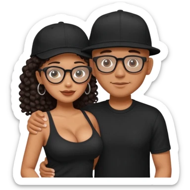 A picture of an embracing tanned couple. the man is a Mexican man with tanned skin, with a bald hair cut wearing a SnapBack hat and a black shirt. the woman wearing black glasses, with long curly dark brown hair and with big boobs.  sticker