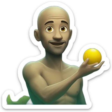 Underwater man mermaid swimming, bold with no hair, holding a small yellow ball, winning enthousiasm sticker