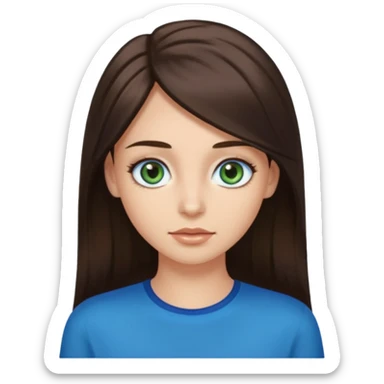 long dark brown hair with highlights in the front, big blue eyes clear skin with neck and green top on add long eyelashes sticker