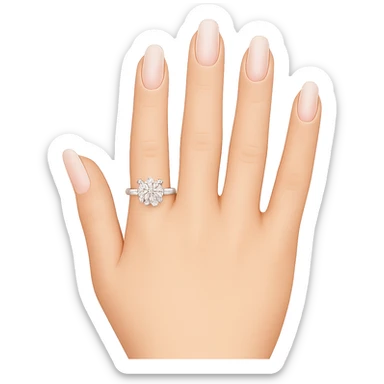 Edit the image to depict a woman's hand with 5 fingers, long light pink nails, and an engagement ring, in an emoji style with a transparent background. sticker