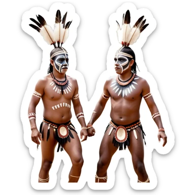 Cinematic Realistic scene of two indigenous male aboriginals performing an Aboriginal Corroboree, adorned in traditional body paint, A corroboree is an Australian Aboriginal ceremonial meeting. It usually includes celebration of Aboriginal mythology and spirituality, which is based in the Dreaming sticker