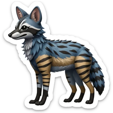 Realistic edgy bluish greyish blackish whitish silvery coppery Shiny Colorful Dusky Dark Gloomy Glossy Aardwolf-Maned-Wolf-Genet-Bobcat-fusion-animal-hybrid-creature, full body sticker