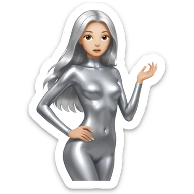 abstract sensual skinny body silhouette, liquid silver chrome, smooth curves,chrome silver long hair, chrome metallic color face and body, sensual poses sticker