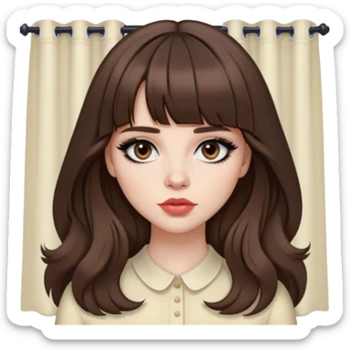 pretty baddie, brown hair, curtain bangs, cute lips, pale skin, long hair, dark brown eyes, bold black eyeliner sticker
