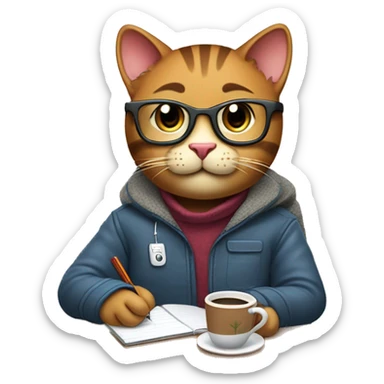 "Create an emoji of a happy brown cat with computer glasses, typing on a computer and taking notes. The cat is sitting on an ergonomic chair with a coffee mug and a potted plant, wearing a winter jacket because the office AC is cold." sticker