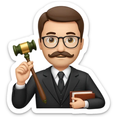 “Create a clean, modern emoji-style illustration of a male lawyer. He is wearing a formal suit jacket. He is holding a judge’s gavel (QUE SE VE DE COSTADO) in one hand and has a law book tucked under his arm. He has a mustache and beard!!, and GLASSES sticker