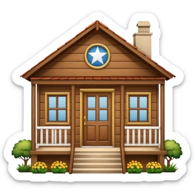 A wooden house typical of Puerto Rican rural neighborhoods, with a simple and cozy design featuring a central functional door, two symmetrical windows, a front porch with open railings, and space for a rocking chair. Emoji style, brown and wooden. sticker