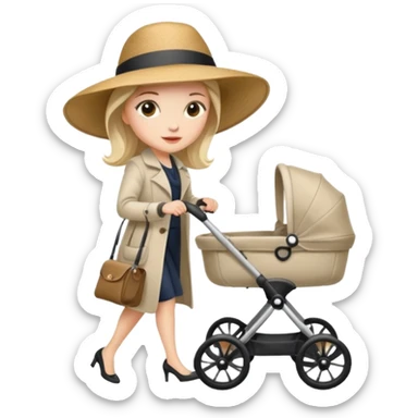 A stylish mother wearing a wide-brim hat, pushing a stroller. sticker