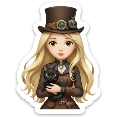 Nice blond long hair girl with steampunk cloth kindhearted and have a black cat sticker