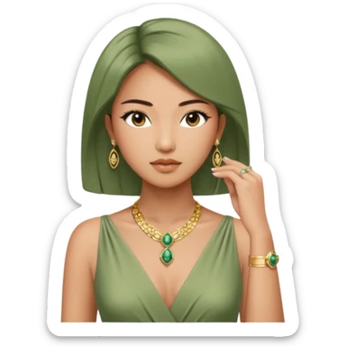 Aesthetic rich Asian woman in sage green Versace dress and Cartier jewelleries, front view sticker