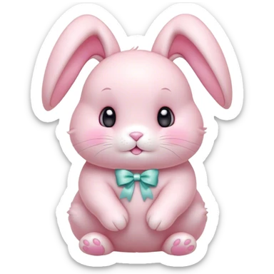 Cinematic adorable pastel pink bunny, chubby cheeks, tiny paws, sparkling round eyes, soft fur with a gentle glow, slightly tilted head, wearing a tiny bow, irresistibly cute and heartwarming. sticker