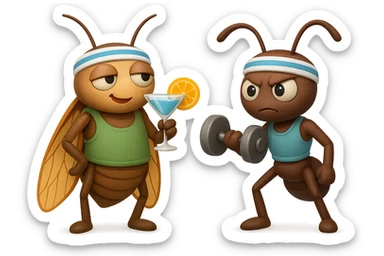 EMOJI STILE IPHONE 3D DI UNA CICALA E UNA FORMICA IN ABITI FITNESS, LA CICALA HA IN MANO UN COCKTAIL MENTRE LA FORMICA HA IN MANO UN MANUBRIO DA PALESTRA. L'IMMAGINE RAPPRESENTA IL FATTO CHE LA FORMICA VOGLIA IMPEGNARSI REALMENTE PER CAMBIARE IL SUO FISICO MENTRE LA CICALA SI VUOLE DIVERTIRE E NON CONCLUDE NULLA ALLA FINE sticker