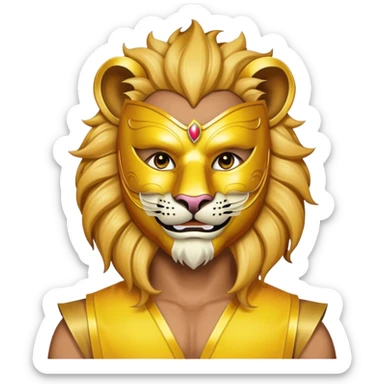 a man, with a Yellow vest,  wear half-face golden Lion masquerade mask sticker