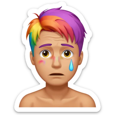 man crying with colored lgbt hair sticker