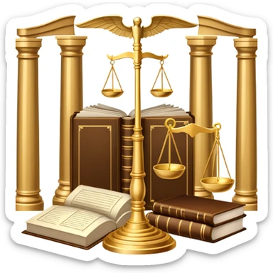 An icon featuring scales of justice, a gavel, and a legal book, symbolizing the study of law. The design includes courthouse pillars in the background, representing authority and legal systems. Transparent background highlights the principles of justice, order, and legal education. sticker