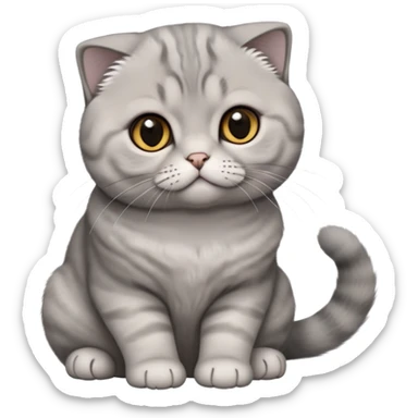 Cinematic-Scottish-Fold-Cat-Realistic-Full-Body-Sitting-Emoji – Tail curled playfully around its paws, head tilted dramatically, thick and plush solid-grey fur, signature folded ears resting gently against its round head, simplified yet realistic focused features, highly detailed, glowing with an almost sarcastic glow, deep amber eyes radiating quiet wisdom and charm. sticker
