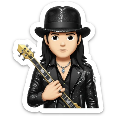 Slash from Gun n Roses with long jet black hair, black sequin outfit sticker