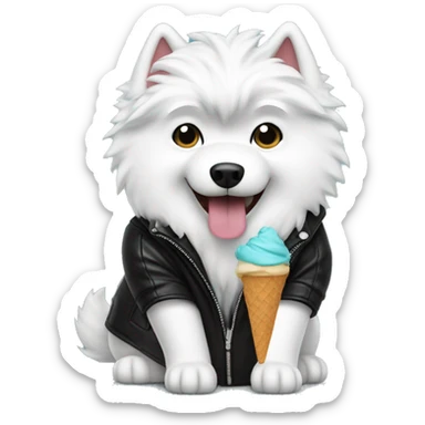 Samoyed dog eating ice cream wearing black leather jacket  sticker