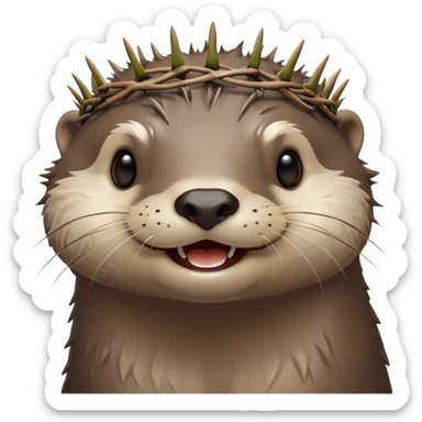 really cute smiling joyful otter face in three-quarter profile view with simple thorny stem wrapped horizontally around its forehead like Jesus Christ's Crown of thorns, no crown shape on top, just thin spiky branches circling the forehead sticker