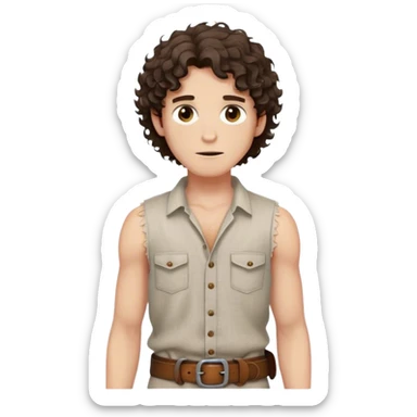 medieval summer outfit worn by a DnD themed fantasy male character. basic sleeveless linen shirt with a frayed hem and a leather belt. clothes only above the waist. The clothes full waist. The character's haven't arms. character is white-skinned, dark brown hair, hazel eyes, shoulder-length curly hair. sticker