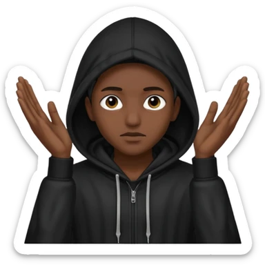 🥷🏽: inspire toi de cet emoji faisant en sorte qu’il est les mains sur les deux côtés de la tête et garde sa cagoule noir avec uniquement ses yeux apparent sticker