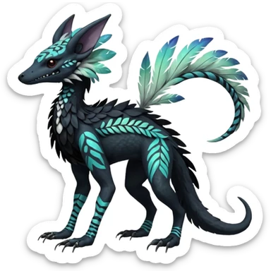 Rare realistic tribal patterned whitish pastel colorful iridescent shiny glossy feathery epic handsome gorgeous aesthetic black-skulled Vernid-Trico-Sergal-Salandit-Nargacuga-species-Fakemon-creature by LiLaiRa, 4 legs, 1 tail, random markings, (full body) long ears sticker