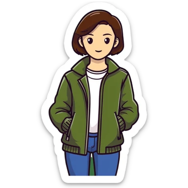 woman wearing dark olive green jacket over a lighter green top sticker
