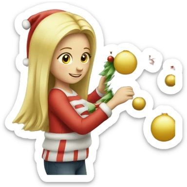 Blond Girl decorating a tall Christmas tree sticker