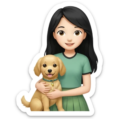An Asian girl with a fair skin on the upper body, wearing a light green skirt, long and straight black hair, medium parts, slightly curled hair, and a smiling expression. Holding a little golden retriever in his arms sticker