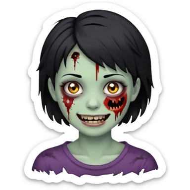 Zombie girl with messy black short hair with lashes and torn cheek and smiling face sticker