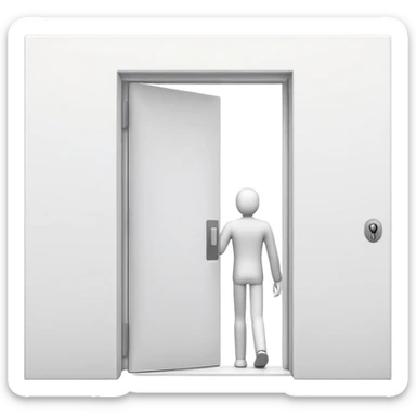 minimalistic icon of a white human figure walking through an open outlined door, viewed from the front, door with visible doorknob, solid green background, flat simple clean lines, high contrast sticker