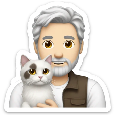 White men with mix of dark brown and grey hair and beard holding white ragdoll cat sticker