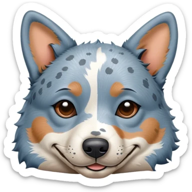 Meme-Worthy Cute Sleeping Blue Speckle Australian Cattle Dog Portrait Emoji, Head resting peacefully with a contented smile, showcasing a robust build and a luxuriously soft blue speckle Fur, eyes shut in a serene nap, Simplified yet hilariously adorable features, highly detailed, glowing with a soft, drowsy light, high shine, relaxed and utterly lovable, stylized with an air of playful laziness, bright and heartwarming, soft glowing outline, capturing the essence of a comically sleepy herder, so meme-worthy it feels like it could instantly become the next viral sensation of adorable slumber! sticker