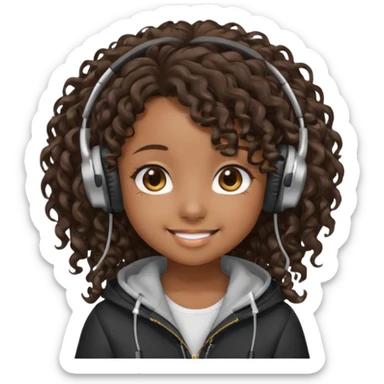chibi anime black girl long curly hair smiling with head phones on sticker