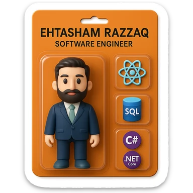 Create a realistic collectible action figure toy of the person in the photo, packaged in a strong orange carded blister box. The figure is inside its own blister. Next to the figure, include four separate equipment items, each in its own individual blister: 1) a React logo, 2) a SQL logo, 3) a C# logo, 4) a .NET Core logo. Do not repeat any equipment. On top of the box, write 'Ehtasham Razzaq' and underneath it, 'Software Engineer'. All items must be inside blisters. Visualize this in a realistic, collectible action figure style. sticker