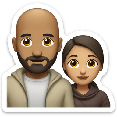 Comforting hug from brunette Puerto Rican with dark brown eyes to short, bald man with brown eyes and a beard sticker