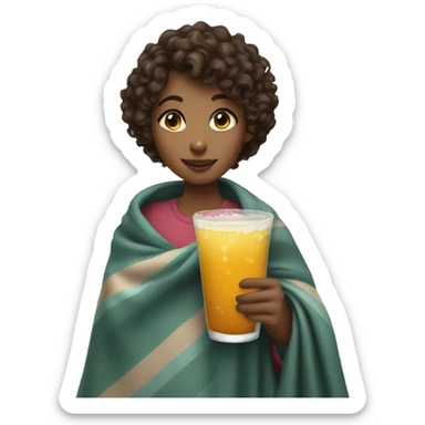 A girl with a short curly hair. She holds a glass of drink, wrapped in a blanket. sticker