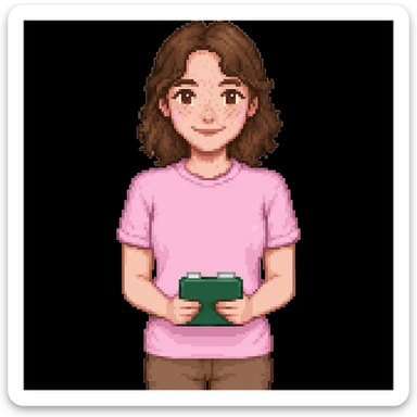 Add brown eyes and freckles on the cheeks to the pixel art teacher with brown hair, white skin, and pink t-shirt. Keep the original pixel art style. sticker