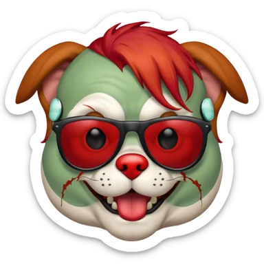 Zombie dog with sun glasses and red hair and joker nose sticker