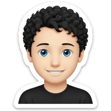 boy, young face like 20 years, blue eyes, medium curly hair black, easy smile, black t-shirt, purple background. sticker