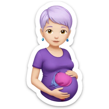 pregnant older women with purple shirt, white pixie hair, head neck and abdomen only sticker