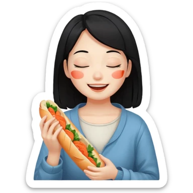 Girl black long hair eat kimchi close eyes baguette sticker