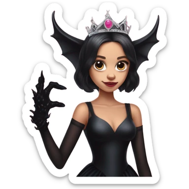 low cut back black evening gown with see-through gloves, Jenna Ortega as Addams woman prom queen wearing a mini tiara, very large blood  pink evil-looking horned old dragon companion sticker
