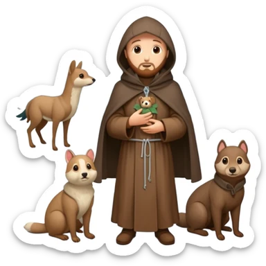 create a full body shot of Saint Francis of Assisi cartoon modern type with animals during the winter, background, to be used as an AI crfreation in HeyGen.com, please create a winter background sticker