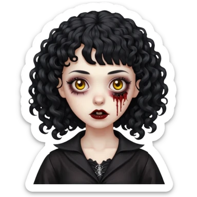 Faça uma mulher zumbi com o cabelo cacheado médio, e uma franja cacheada, cabelo preto e deixe ela meio gótica. sticker