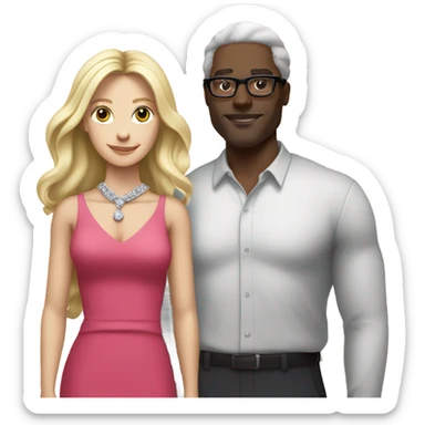 “white blond long hair woman in pink dress and diamond necklace standing with black man with glasses wearing a red shirt sticker